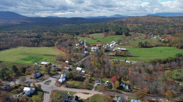 Autumn New England Aerial Flying over Tamworth Village, New Hampshire