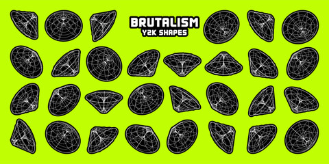 Wireframe lined shapes. Perspective mesh, 3d grid. Modern trendy low poly geometric elements. Retro futuristic design elements, y2k, vaporwave and synthwave style. Vector illustration