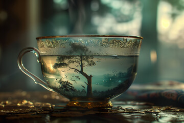 Fototapeta premium Surreal photo of a miniature natural scene in a glass cup. Magical nature world in a glass teacup. Tree and lake in a mug standing on a table.