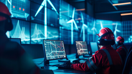 Workers in a control room managing electricity distribution from a wind farm