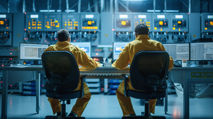 Technicians monitoring the control systems of a nuclear power facility
