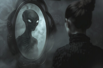A woman looks into a mirror and a frightening alien face looks back at her. Paranormal encounter. Mental states.
