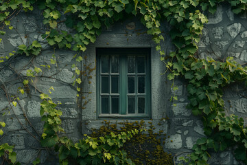 Old window with green ivy on the wall House in vintage style.