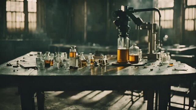Metal table and glass containers with liquid in dark, old laboratory of some mad scientist. Forbidden experiments, dangerous science concept. Cinematic footage for a science fiction or horror movie.