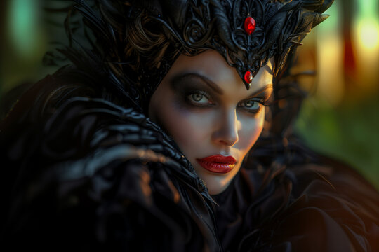 Close up portrait of an evil queen. Villain dressed in a black feather cloak with a headdress and red gems. Dramatic powerful dark witch or sorceress.