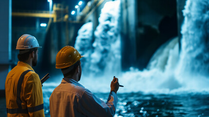 Fototapeta premium Technicians monitoring the performance of a hydroelectric power plant
