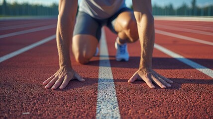   A close-up of a person running on a track with one hand on the ground and the other on the ground