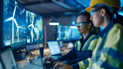 Workers in a control room managing the operations of a wind farm