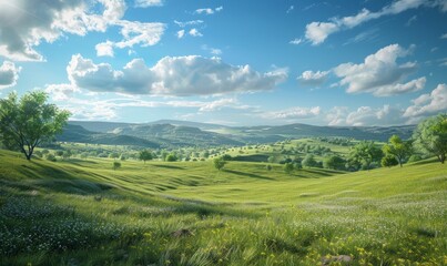 Obraz premium Scenic countryside landscape with rolling hills, pastoral charm