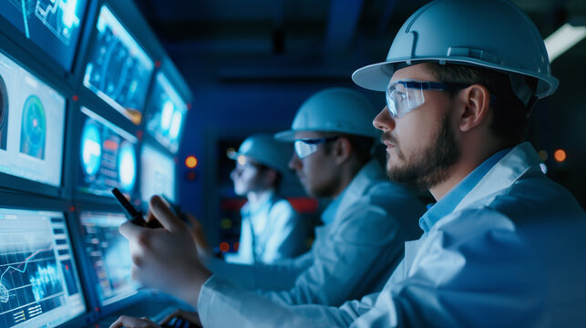 Engineers analyzing the performance of a nuclear reactor with advanced tools