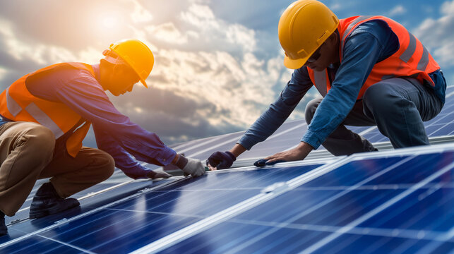 Technicians performing routine maintenance at a solar power plant