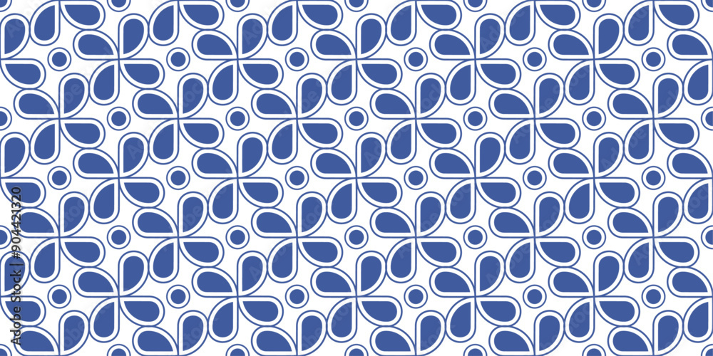 Poster Four petals and circles, vector blue pattern. Seamless repeating pattern of geometric screws and circles.