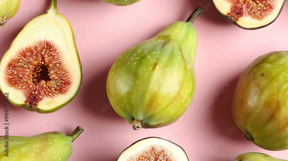 Poster   A close-up photo of a selection of fruits on a pink background, with a halved figurine adjacent