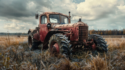 An old broken tractor on a dried-up abandoned field.