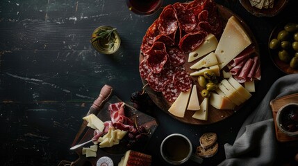 A close-up of a plate of assorted cured meats, cheeses, olives, and burrata with a glass of wine.