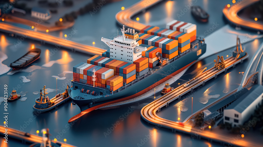 Sticker aerial view of a large cargo ship loaded with colorful shipping containers navigating through a busy