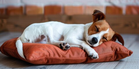 A small brown and white dog comfortably sleeping on a furnished pillow indoors.