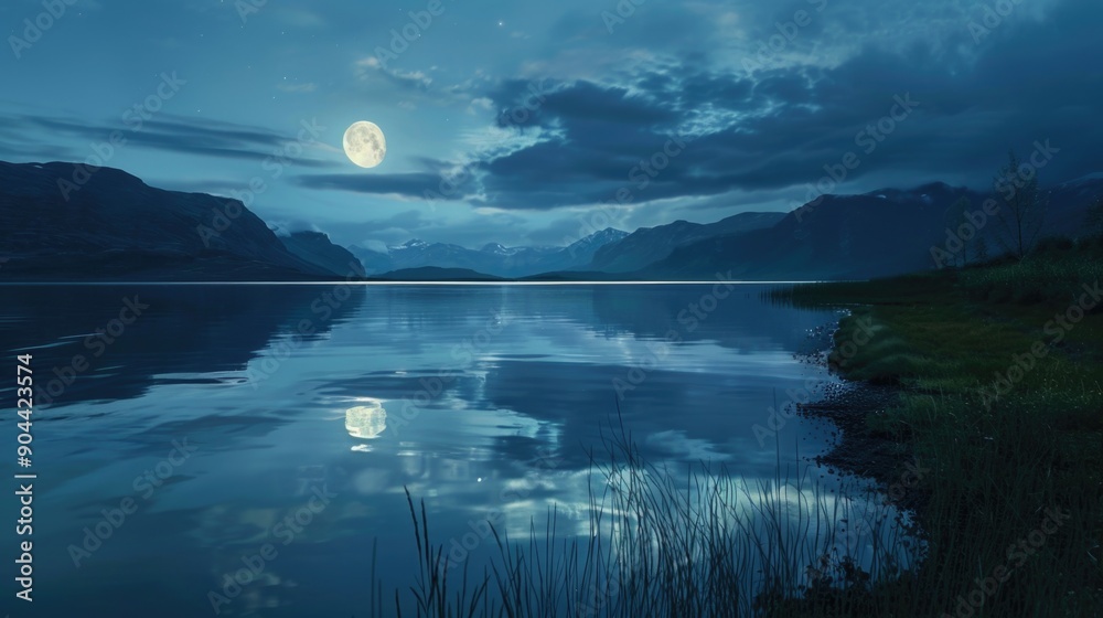 Wall mural Night-time photograph of a serene lake landscape under a cloudy, moonlit sky.