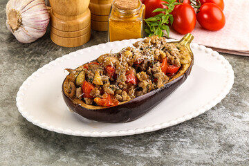 Baked eggplant stuffed meat and tomato