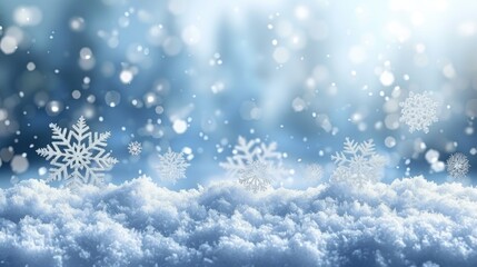 Naklejka premium Dark blue night sky with falling snowflakes and scattered clouds. Luminous streaks of light reflecting off snow particles.