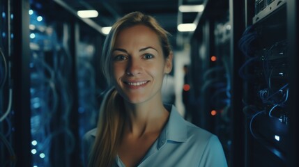 Female IT specialist smiling inside a high-tech server room, working with complex computer hardware for data management and cloud computing solutions.