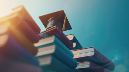An academic cap on top of a stack of books, symbolizing education and knowledge.