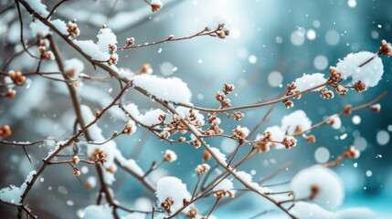 Snow-covered branches with budding flowers and berries. Winter wonderland in a serene, snowy environment.