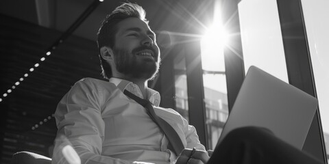 Man smiling at computer screen, enjoying work, outdoor lighting streaming through windows.