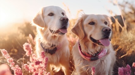 Two cute golden retrievers standing on a field of wildflowers, enjoying the sunny day.