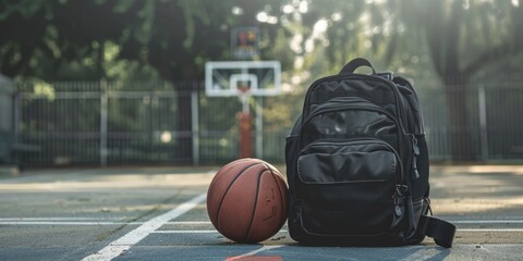 A basketball and backpack on a court, suggesting school or community sporting activities.