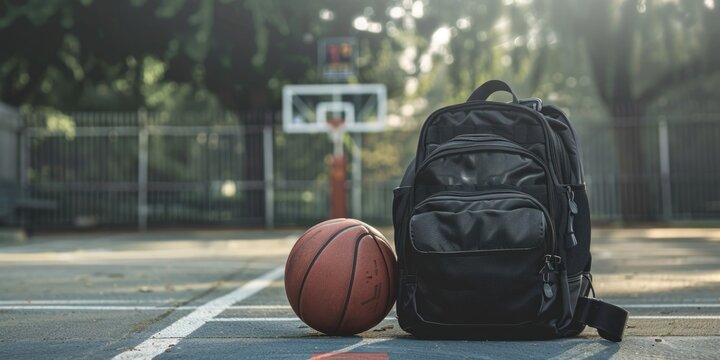 A basketball and backpack on a court, suggesting school or community sporting activities.