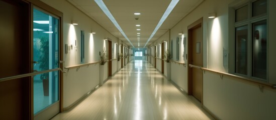 Fototapeta premium Empty Hospital Corridor with Light Reflecting on the Floor