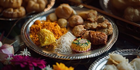 An assortment of colorful and flavorful desserts, including traditional Indian sweets and rice cakes, served on a decorated plate.