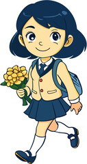 Girl schoolgirl with a briefcase runs to school with a bouquet for the teacher ESP vector drawing
