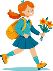 Girl schoolgirl with a briefcase runs to school with a bouquet for the teacher ESP vector drawing