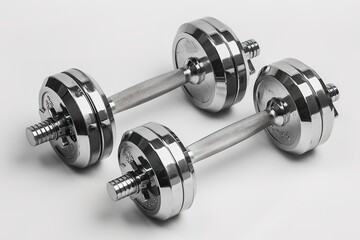 Shiny metal dumbbells on white background, fitness concept