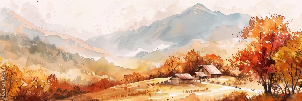 Wall mural A serene watercolor painting depicting a picturesque mountain scene with a small cabin nestled amidst vibrant autumn foliage, symbolizing peace, tranquility, nature's beauty, and the changing seasons.