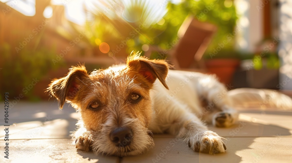 Poster a dog with a brown and white fur is lying on the tiled floor near a chair and potted plant