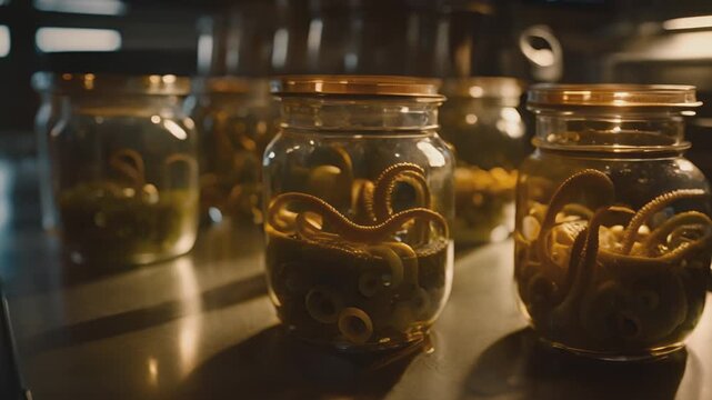Jars full of strange mutated plants or organisms. Alien species. Secret lab, forbidden experiments. Mad scientist laboratory. Horror or sci-fi movie theme, footage. Biohazard. Breeding.