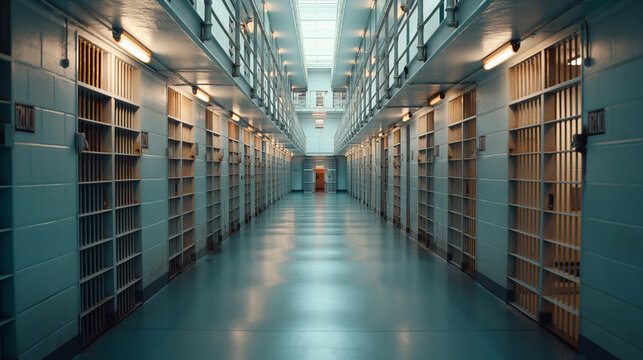 Interior of a prison corridor with rows of cells and barred doors illuminated by ceiling lights, creating a clean and empty walkway.