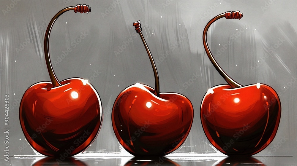 Poster   A pair of cherries resting atop a glass table beside each other on a tabletop