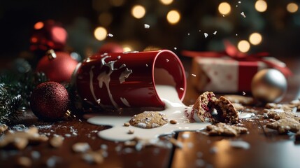 A Chaotic Christmas Scene With Spilled Milk And Christmas Cookies. Generative AI.