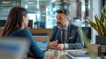Experienced Bank Employee Supporting A Client In A Modern And Premium Bank Branch. Banking Professional In A Friendly And Insightful Interaction With The Customer. Generative AI