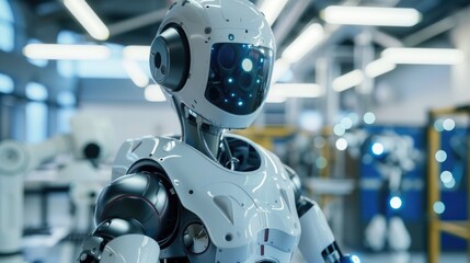 A humanoid robot in an industrial setting. It is equipped with advanced technology for tasks requiring precision and efficiency.