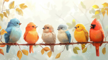 Fototapeta premium Illustration of colorful birds perched on a branch, creating a serene and joyful atmosphere.