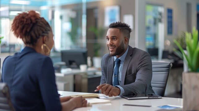 Bank Staff Providing Assistance To A Customer In A Sleek And Upscale Bank Environment. Financial Representative Engaging In A Friendly And Educational Dialogue With The Customer. Generative AI