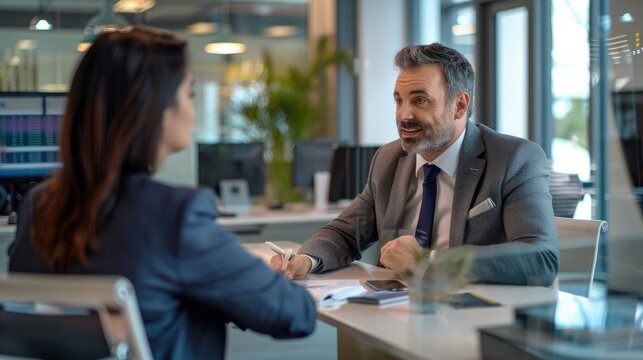 Banking Specialist Helping A Client In A Contemporary And High-End Bank Location. Financial Advisor Having A Warm And Informative Discussion With The Client. Generative AI