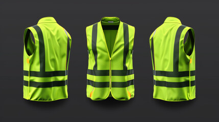 "Realistic mockup of a safety vest jacket, used for security, traffic, and worker uniforms. Features include a fluorescent green color, reflective stripes, and a zip. Personal protective clothing."