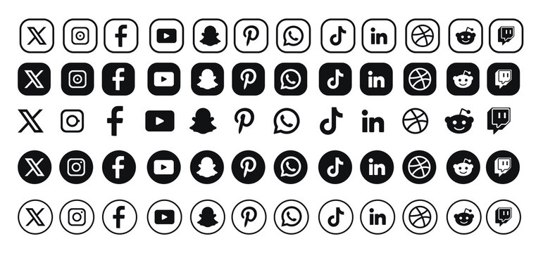 Facebook, twitter, instagram, youtube, snapchat, pinterest, whatsap, linkedin, Collection of popular social media logo. Social media icons. Realistic set. Vector editorial .Social media icon bundle	