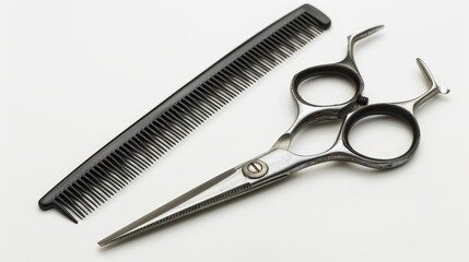 "Scissors and comb on a white background."